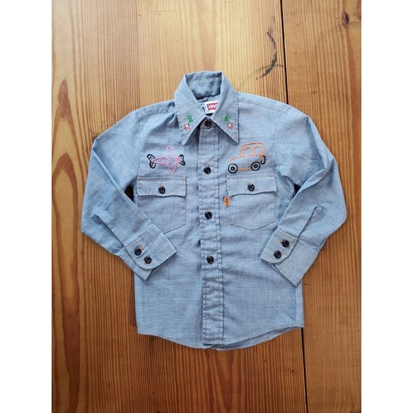 1970s Levis Orange Tab Shirt Boy's 5 Chambray Embroidered Vintage Plane Animals - Picture 3 of 10